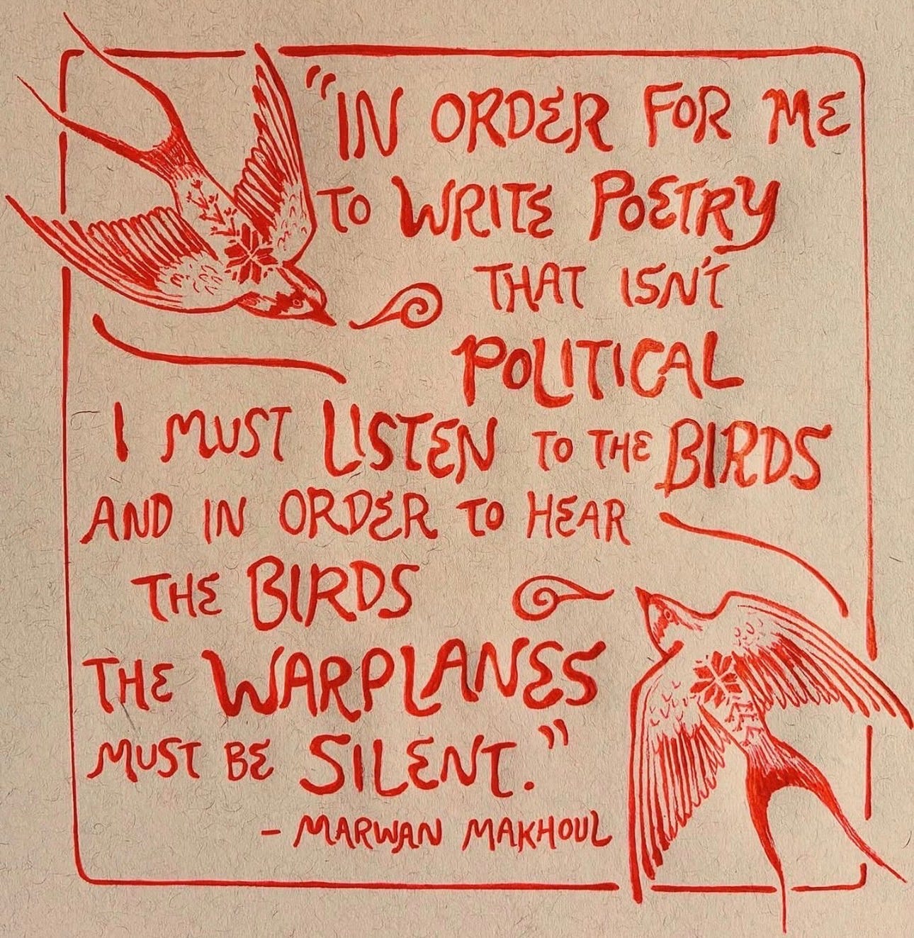 Handwritten quote by Marwan Makhoul about poetry, birds, and warplanes